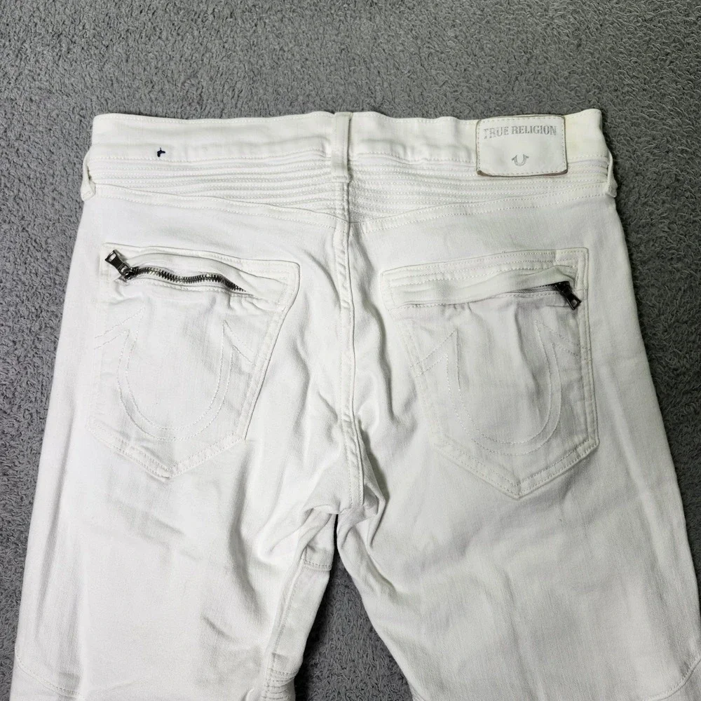 True Religion Mens 31 Geno Relaxed Slim Jeans White Moto Ribbed Biker Denim